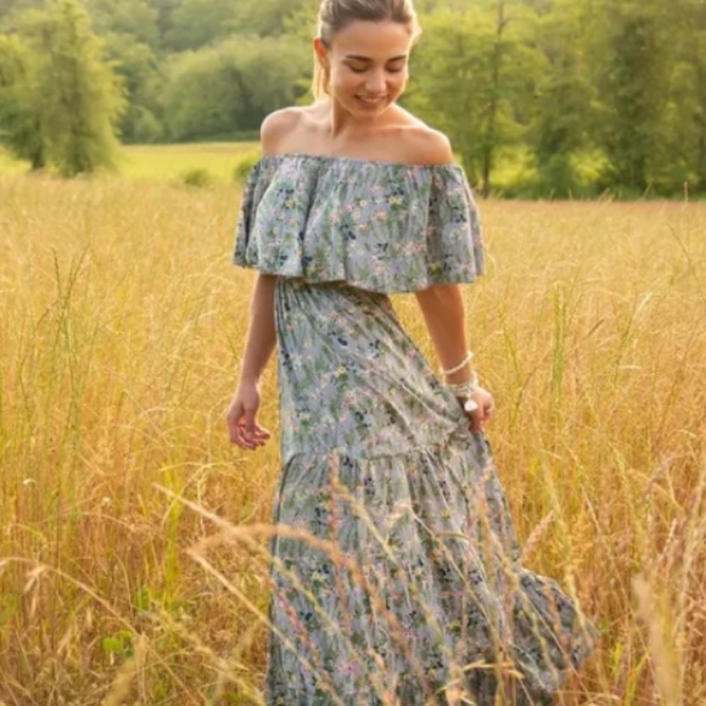 ❤️ SOLD Elan Women's Floral Off The Shoulder Prairie Maxi Dress Gray Yellow - Picture 1 of 17